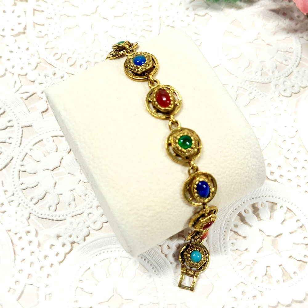 Mid Century Art Glass Bracelet Vtg 60s Colorful Confetti Glass Gold Plated Links
